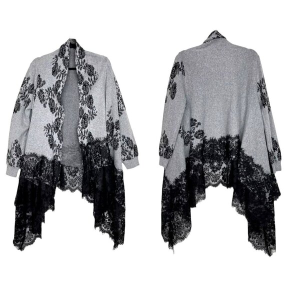 Soft Surroundings Sweaters - Soft Surroundings Sweater Women XL Gray Ruana Floral Lace Hem Open Long Cardigan
